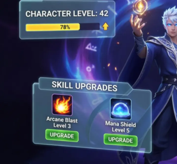 PunBall hero upgrade screen showing power units and progression options.