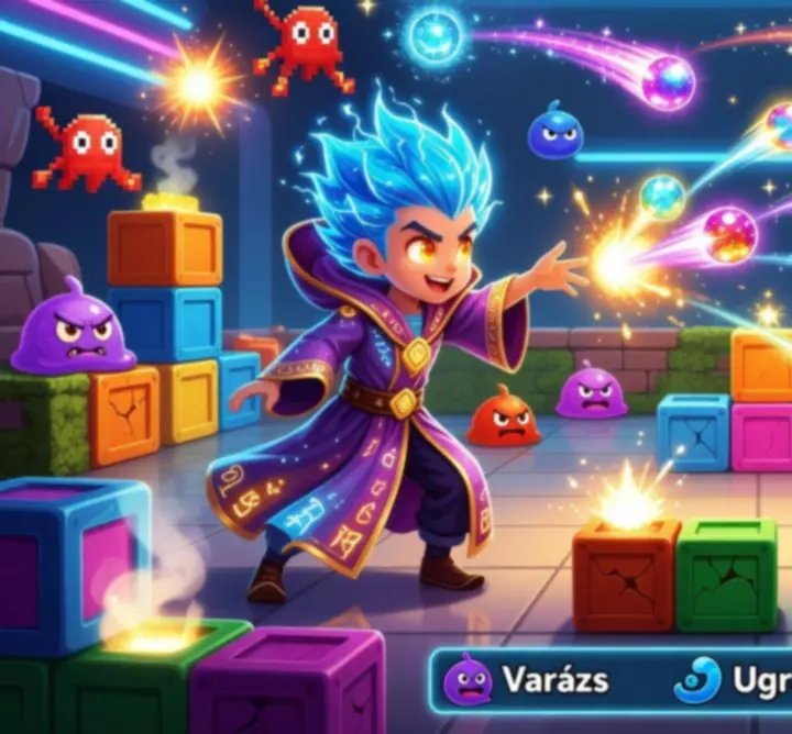 PunBall gameplay with a magical hero firing bouncing projectiles at enemy waves