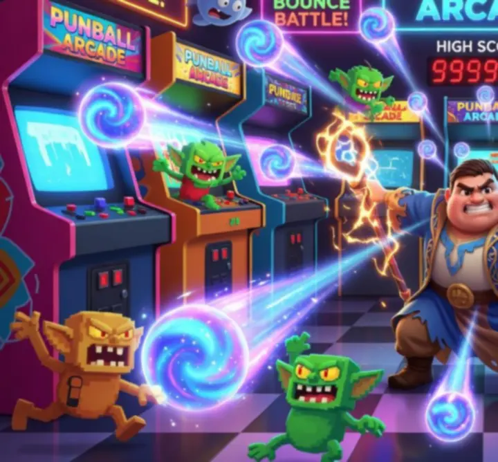 PunBall getting started screen with a hero aiming bouncing projectiles at enemy waves.