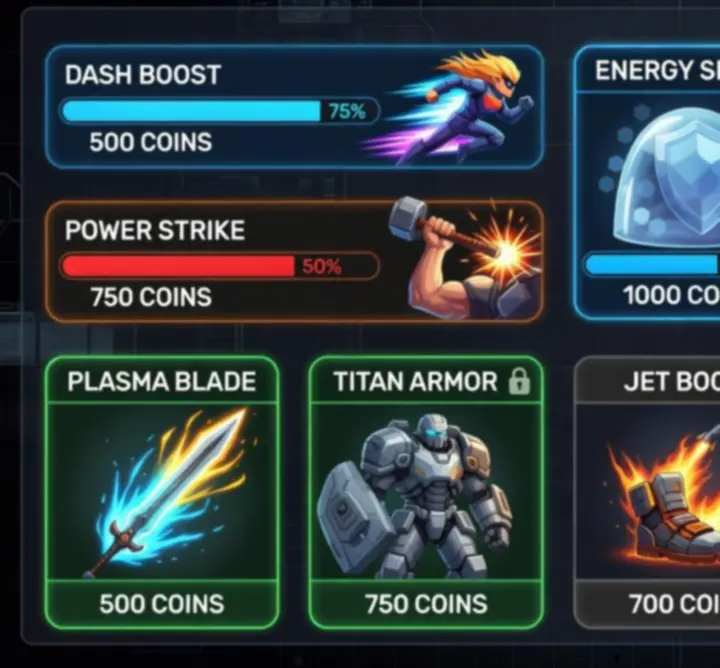 PunBall upgrade categories menu: skills, equipment, relics, and abilities